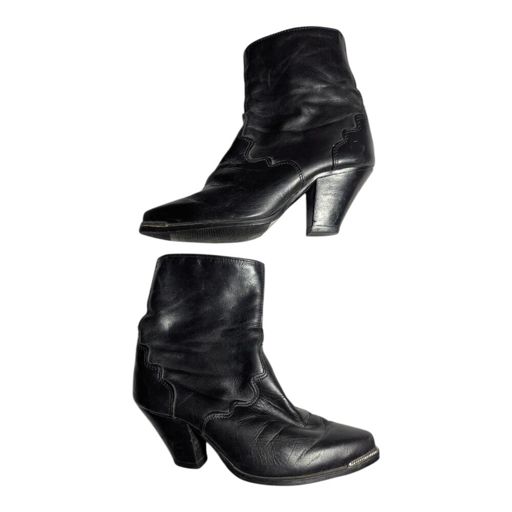 Vtg 1980s Black Leather Scalloped Detail Pointed Toe Block Heel Western Boots 7
